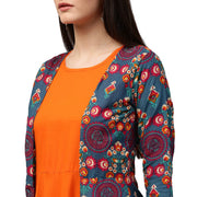 Blue & Orange printed 3/4th sleeve Cotton double layer A-line kurta