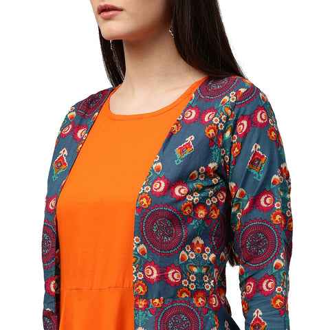 Blue & Orange printed 3/4th sleeve Cotton double layer A-line kurta