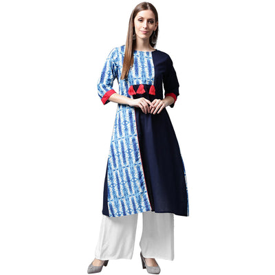 Blue printed 3/4th sleeve Cotton kurta