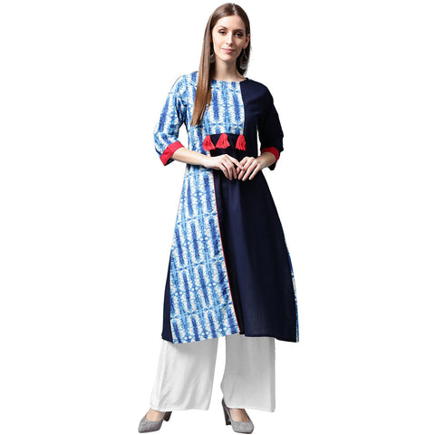 Blue printed 3/4th sleeve Cotton kurta