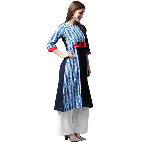 Blue printed 3/4th sleeve Cotton kurta