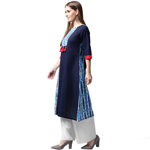 Blue printed 3/4th sleeve Cotton kurta