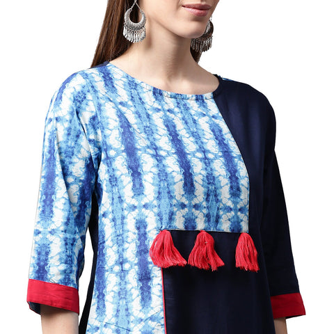 Blue printed 3/4th sleeve Cotton kurta