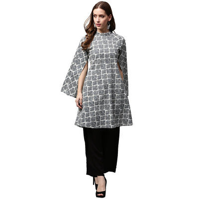 Grey printed 3/4th sleeve cotton A-line kurta