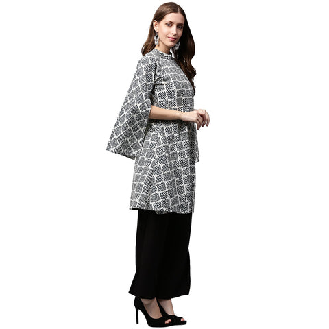 Grey printed 3/4th sleeve cotton A-line kurta