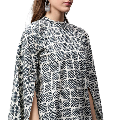 Grey printed 3/4th sleeve cotton A-line kurta
