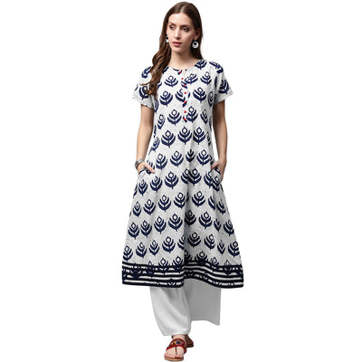 Blue printed short sleeve cotton A-line kurta