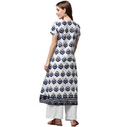 Blue printed short sleeve cotton A-line kurta
