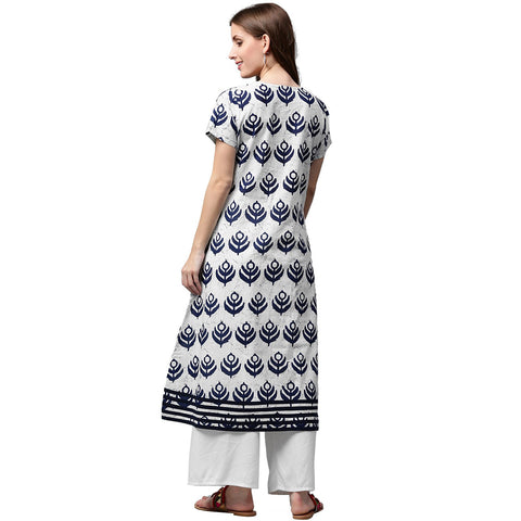 Blue printed short sleeve cotton A-line kurta