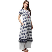 Blue printed short sleeve cotton A-line kurta