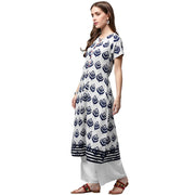Blue printed short sleeve cotton A-line kurta