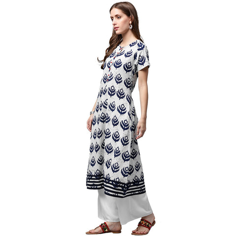 Blue printed short sleeve cotton A-line kurta