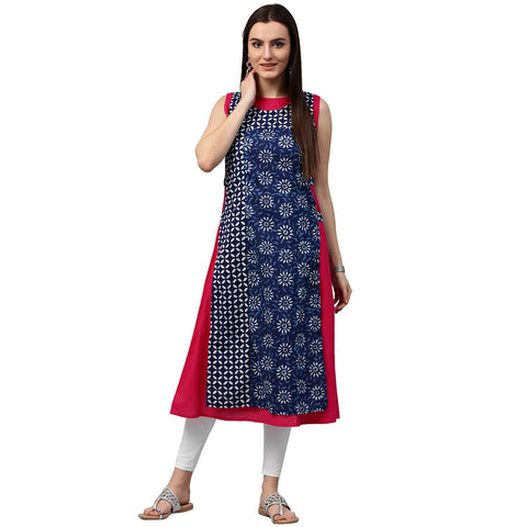 Pink & Blue printed sleeveless cotton double layer kurta