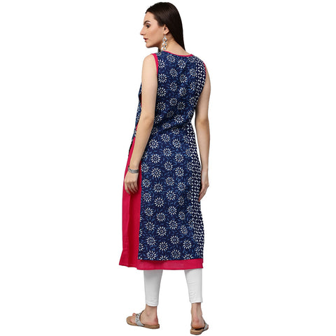 Pink & Blue printed sleeveless cotton double layer kurta