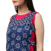 Pink & Blue printed sleeveless cotton double layer kurta