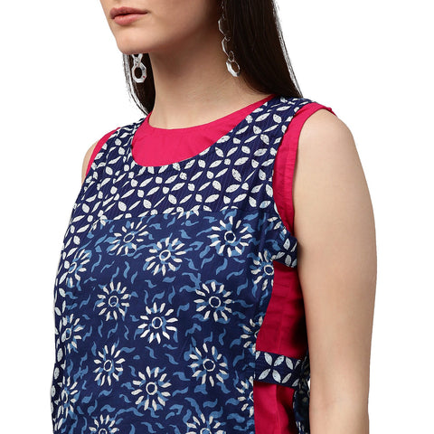 Pink & Blue printed sleeveless cotton double layer kurta