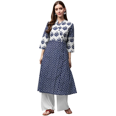 Blue printed 3/4th sleeve cotton A-line kurta