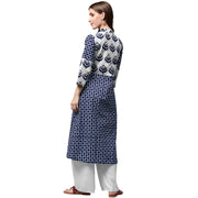 Blue printed 3/4th sleeve cotton A-line kurta