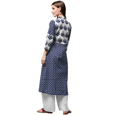 Blue printed 3/4th sleeve cotton A-line kurta