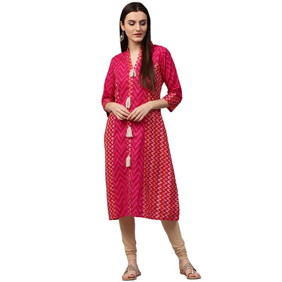 Pink & Red printed 3/4th sleeve cotton Assymetric kurta