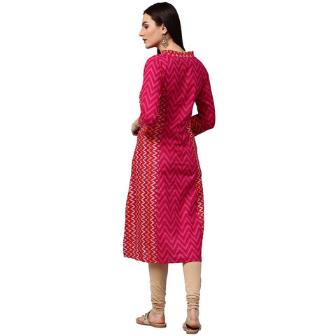 Pink & Red printed 3/4th sleeve cotton Assymetric kurta