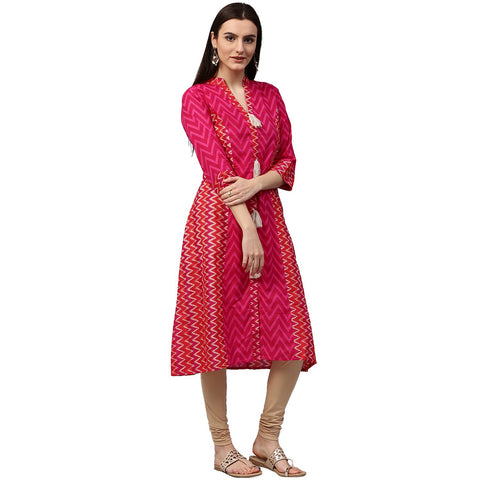 Pink & Red printed 3/4th sleeve cotton Assymetric kurta