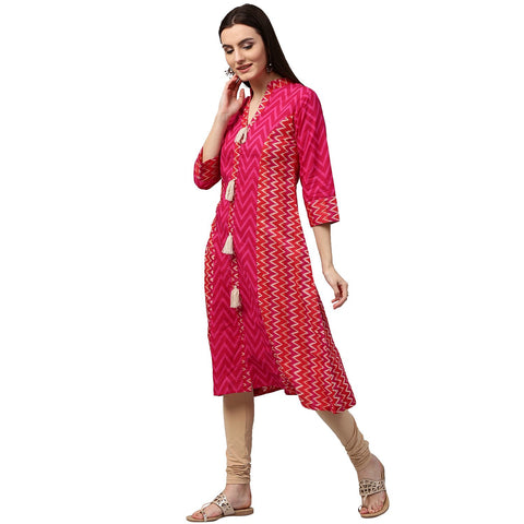 Pink & Red printed 3/4th sleeve cotton Assymetric kurta