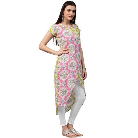 Green & Pink printed short sleeve cotton Assymetric kurta