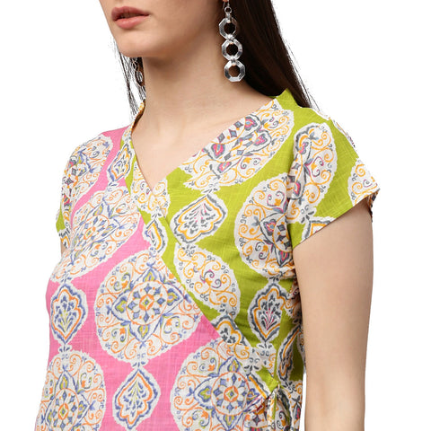 Green & Pink printed short sleeve cotton Assymetric kurta