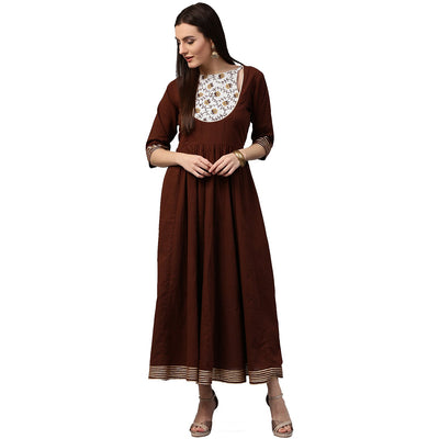Coffee 3/4th sleeve cotton Anarkali kurta with printed yoke