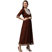 Coffee 3/4th sleeve cotton Anarkali kurta with printed yoke