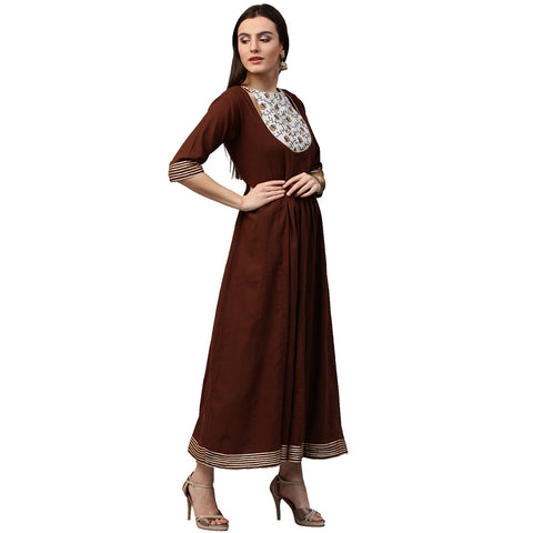 Coffee 3/4th sleeve cotton Anarkali kurta with printed yoke