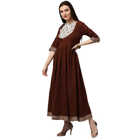 Coffee 3/4th sleeve cotton Anarkali kurta with printed yoke