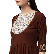 Coffee 3/4th sleeve cotton Anarkali kurta with printed yoke