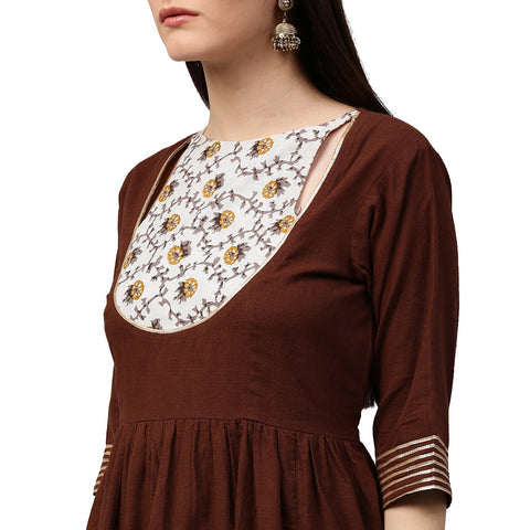 Coffee 3/4th sleeve cotton Anarkali kurta with printed yoke