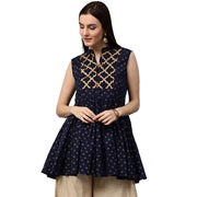 Navy blue printed sleeveless cotton cropped Anarkali kurta