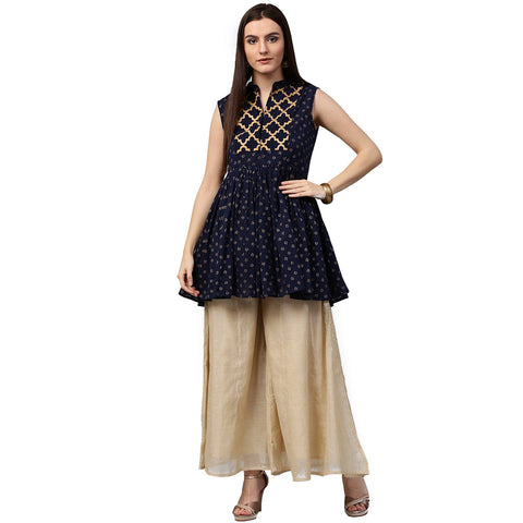Navy blue printed sleeveless cotton cropped Anarkali kurta