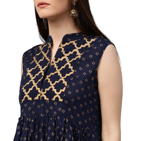 Navy blue printed sleeveless cotton cropped Anarkali kurta