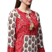 Red printed 3/4th sleeve Cotton kurta