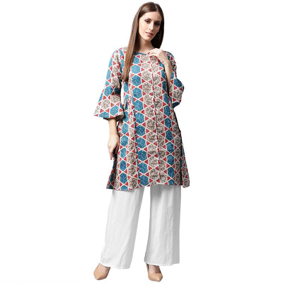 Grey printed 3/4th sleeve cotton A-line kurta