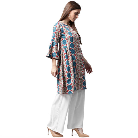 Grey printed 3/4th sleeve cotton A-line kurta