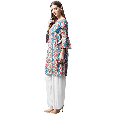 Grey printed 3/4th sleeve cotton A-line kurta