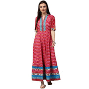 Red printed 3/4th sleeve cotton long Anarkali kurta