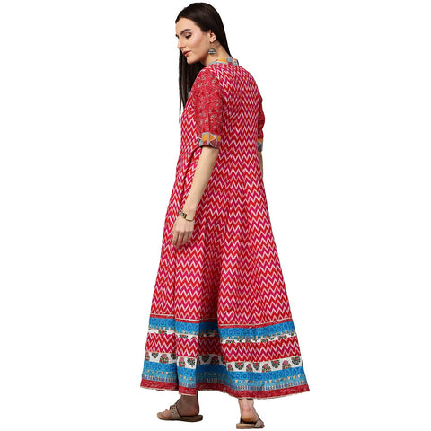 Red printed 3/4th sleeve cotton long Anarkali kurta