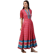 Red printed 3/4th sleeve cotton long Anarkali kurta