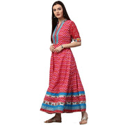 Red printed 3/4th sleeve cotton long Anarkali kurta