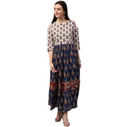 Blue printed 3/4th sleeve Cold shoulder cotton Anarkali kurta