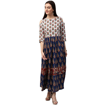 Blue printed 3/4th sleeve Cold shoulder cotton Anarkali kurta