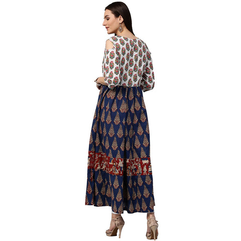 Blue printed 3/4th sleeve Cold shoulder cotton Anarkali kurta