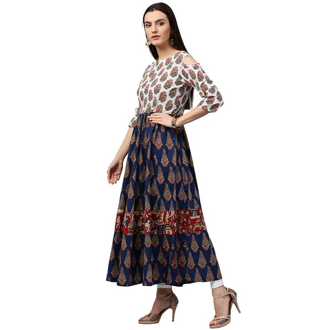 Blue printed 3/4th sleeve Cold shoulder cotton Anarkali kurta